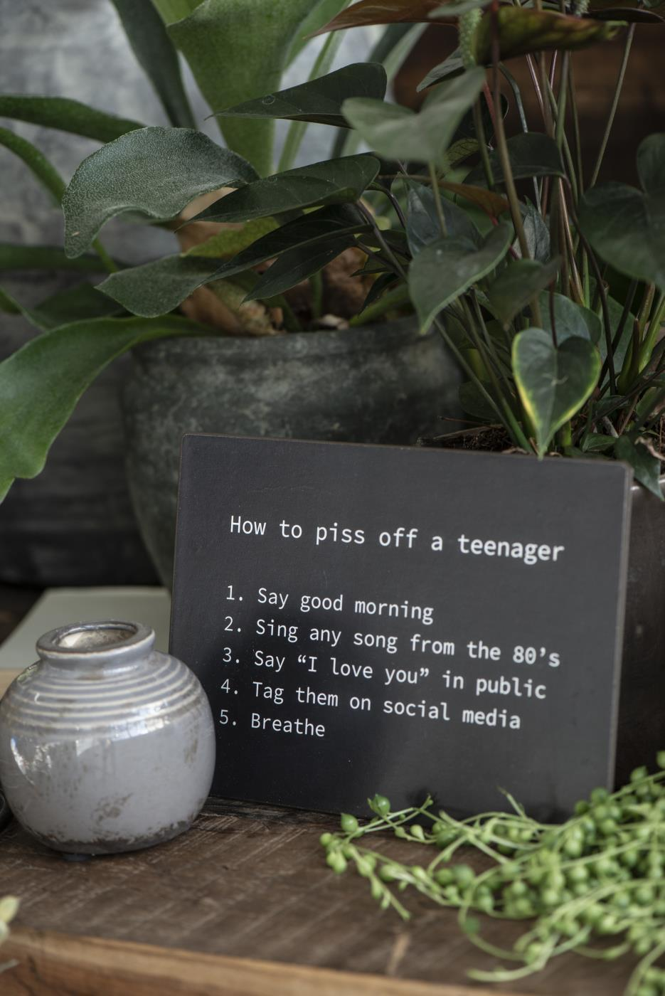 Sort metalskilt med hvid tekst - How to piss off a teenager