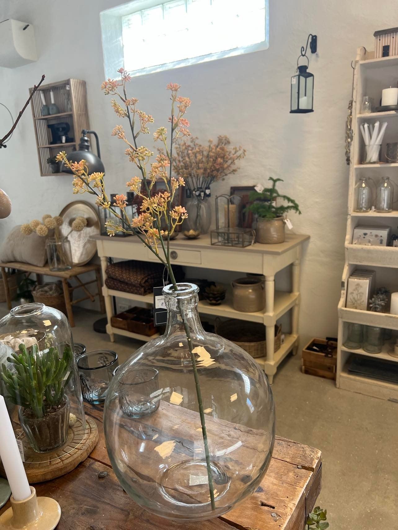 Naturtro blomster på kirsebærgren i glasvase