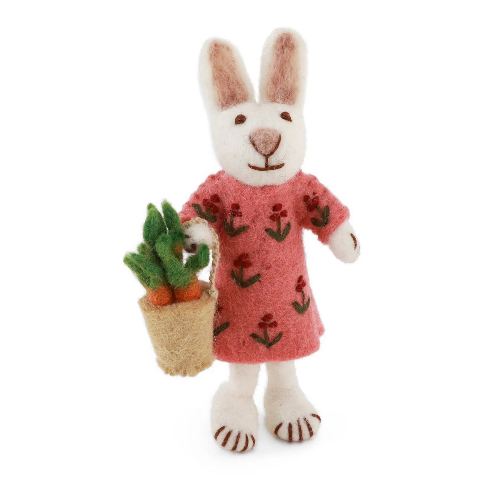 Hvid filtet kanini i pink kjole med blomster fra Gry og Sif