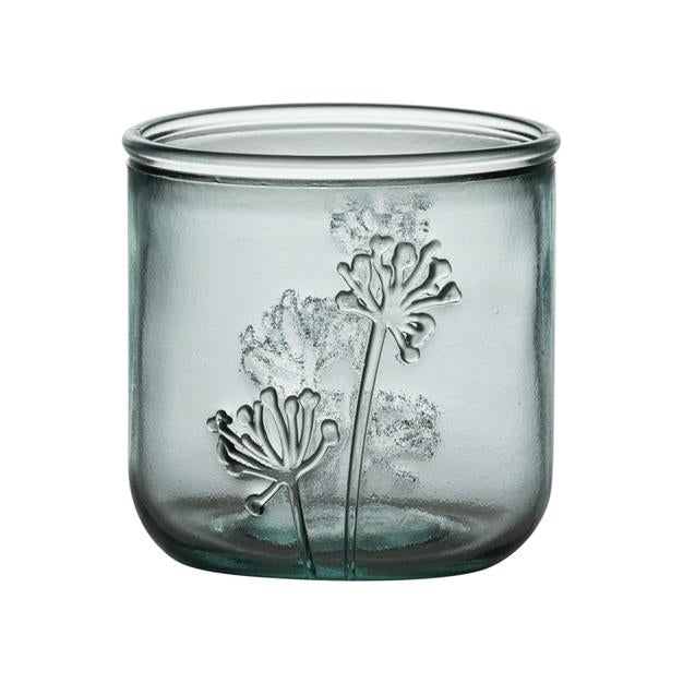 Glas lysestage med blomster udskæringer